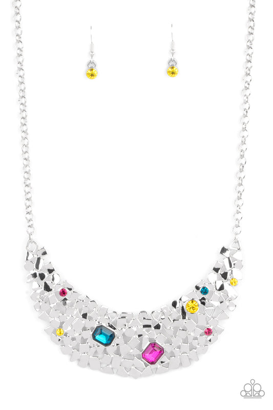 FABULOUSLY FRAGMENTED - MULTI COLORED GEM SILVER STATEMENT NECKLACE - PAPARAZZI