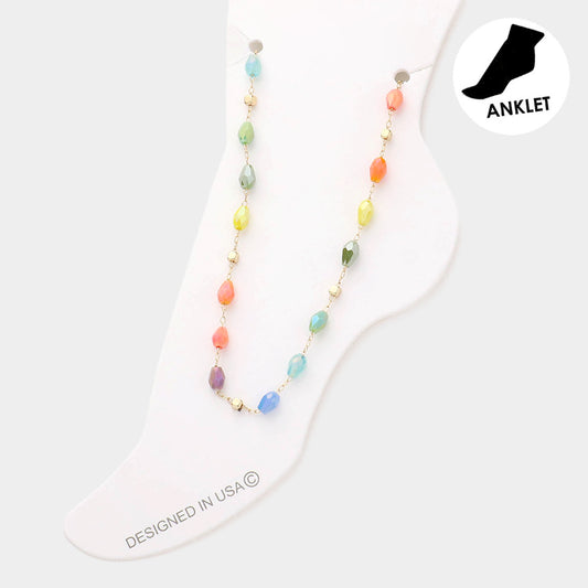 Rainbow Faceted Teardrop Beaded Anklet