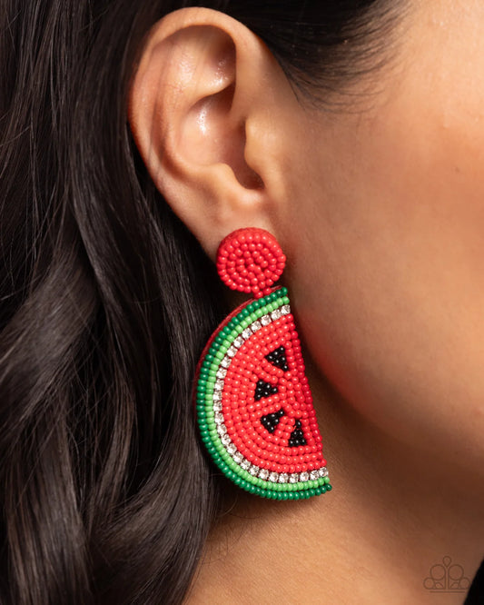 PAPARAZZI "WATERMELON WELCOME" RED POST EARRINGS