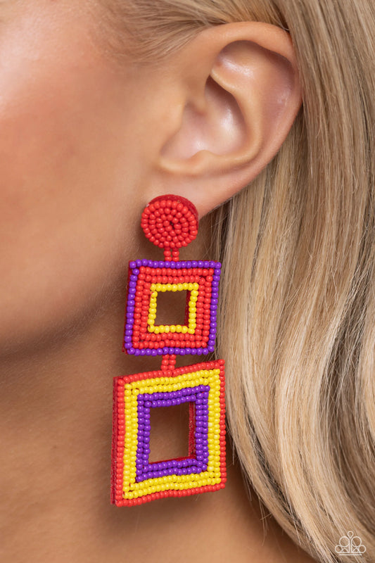 Paparazzi Seize the Squares - Red Post Earrings